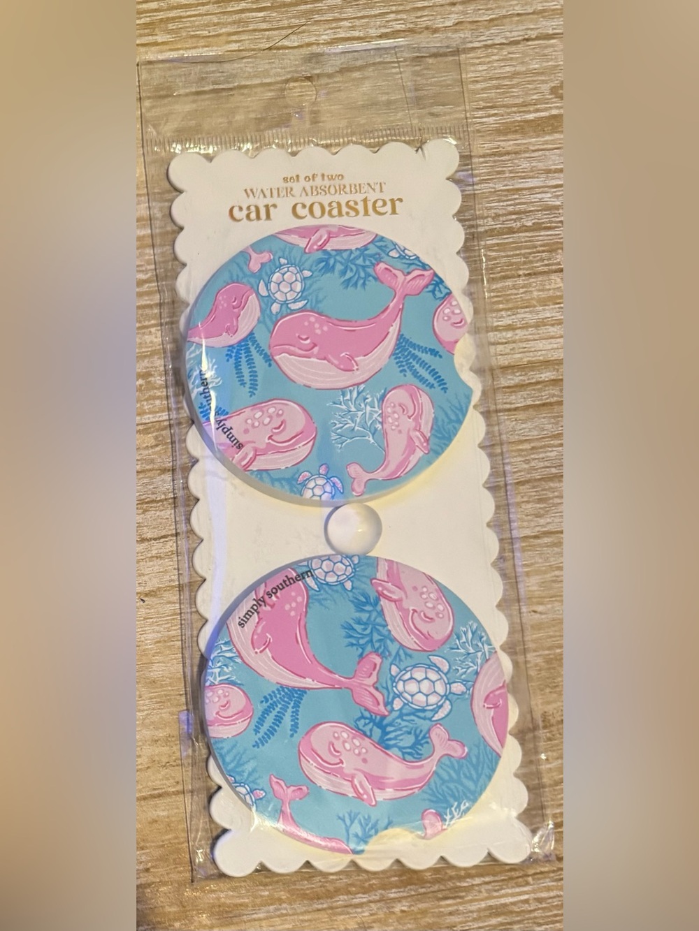 Simply Southern Whale Print Car Coaster Set - Blue & Pink